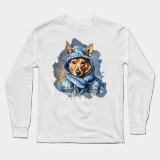 Street Dog wearing a denim jacket hoodie watercolor splash art Long Sleeve T-Shirt